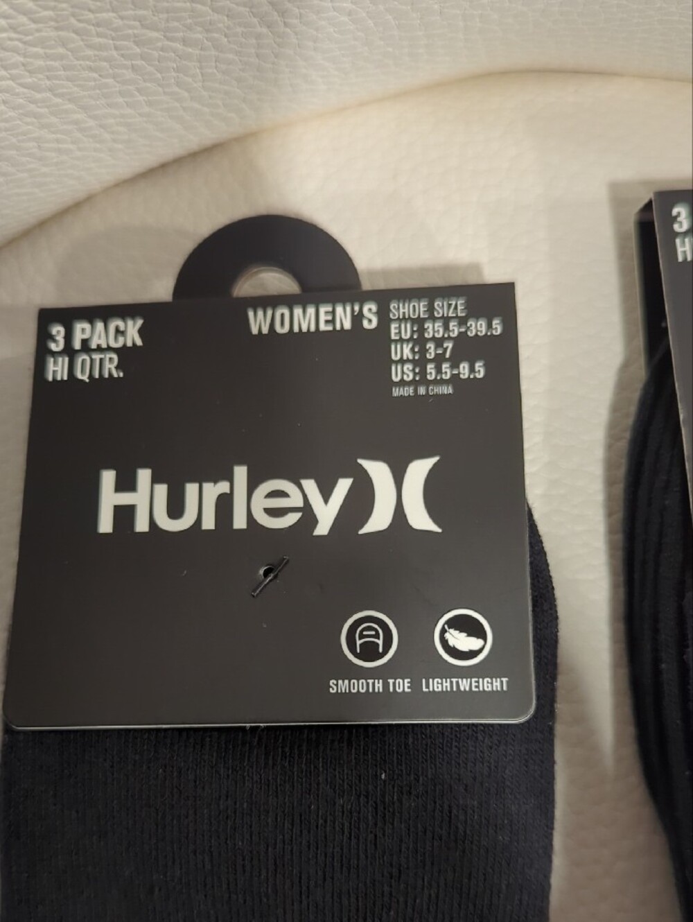 Hurley Women’s Black Crew Socks with White Stripes and Logo - 6 Pair Total - Picture 2 of 5